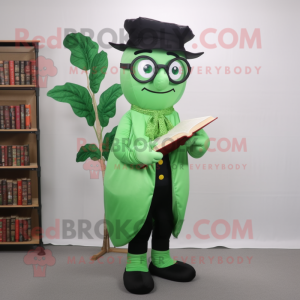 Green Beanstalk mascot costume character dressed with a Dress Pants and Reading glasses