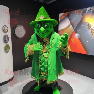 Lime Green Leprechaun Hat mascot costume character dressed with a Coat and Necklaces