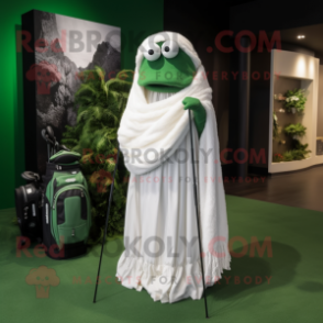 Forest Green Golf Bag mascot costume character dressed with a Wedding Dress and Shawls