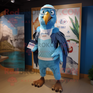 Sky Blue Vulture mascot costume character dressed with a Board Shorts and Brooches
