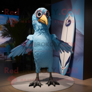 Sky Blue Vulture mascot costume character dressed with a Board Shorts and Brooches