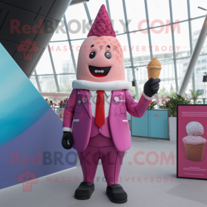 Magenta Ice Cream Cone mascot costume character dressed with a Blazer and Lapel pins