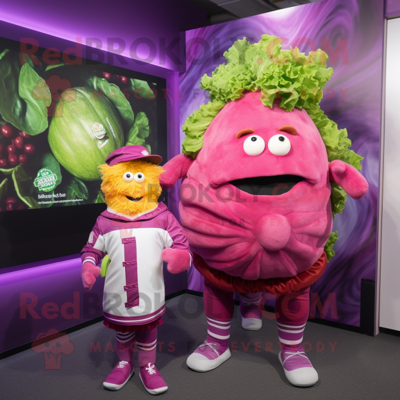 Magenta Corned Beef And Cabbage mascot costume character dressed with a Rash Guard and Hairpins