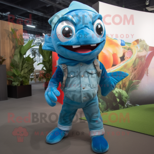 Cyan Piranha mascot costume character dressed with a Bootcut Jeans and Gloves