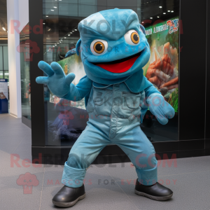 Cyan Piranha maskot kostym...