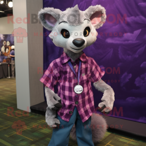 Purple Civet mascot costume character dressed with a Flannel Shirt and Lapel pins