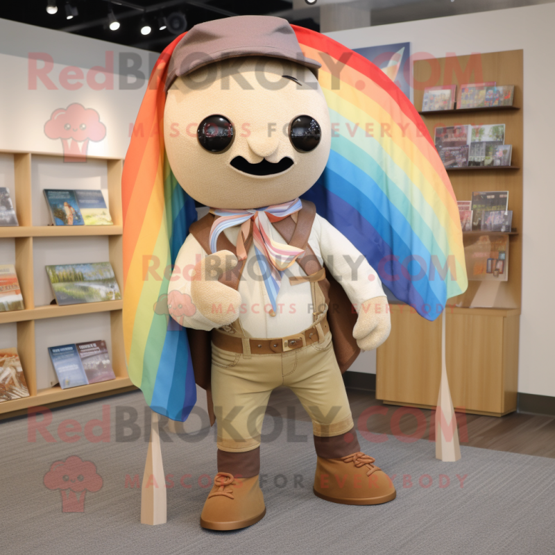 Tan Rainbow mascot costume character dressed with a Chambray Shirt and Shawl pins