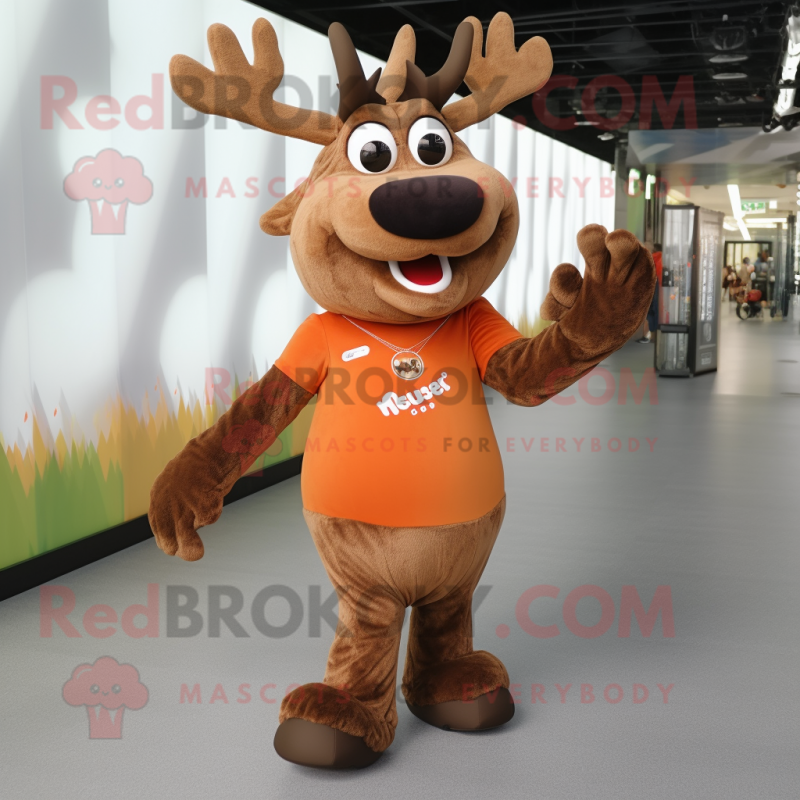 Rust Elk mascot costume character dressed with a Bodysuit and Shoe laces