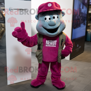 Magenta Marine Recon mascot costume character dressed with a Denim Shorts and Beanies