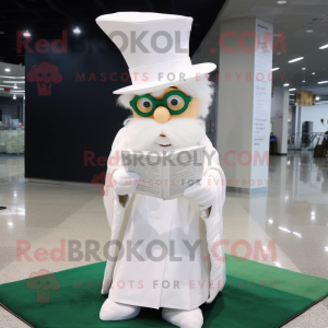 White Leprechaun Hat mascot costume character dressed with a Wedding Dress and Reading glasses