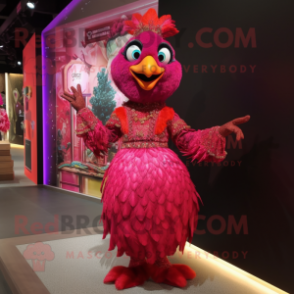 Magenta Tandoori Chicken mascot costume character dressed with a Mini Dress and Gloves