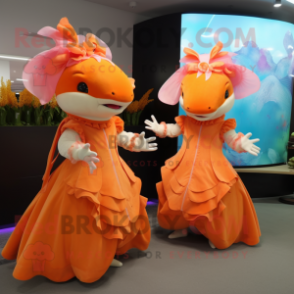 Orange Axolotls mascot costume character dressed with a Ball Gown and Hats