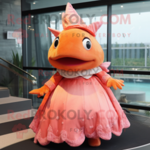 Orange Axolotls mascot costume character dressed with a Ball Gown and Hats