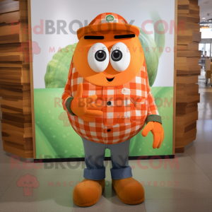 Orange Cucumber mascot costume character dressed with a Flannel Shirt and Brooches