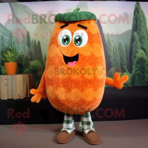 Orange Cucumber mascot costume character dressed with a Flannel Shirt and Brooches