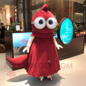 Maroon Narwhal mascot costume character dressed with a Dress and Eyeglasses