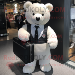White Teddy Bear mascot costume character dressed with a Vest and Briefcases