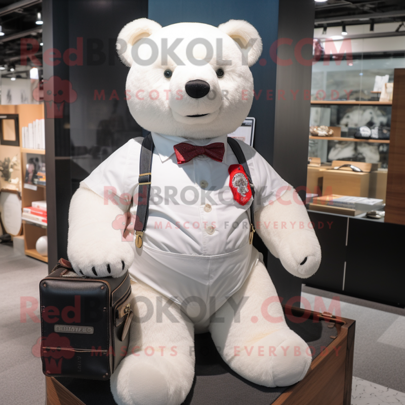 White Teddy Bear mascot costume character dressed with a Vest and Briefcases