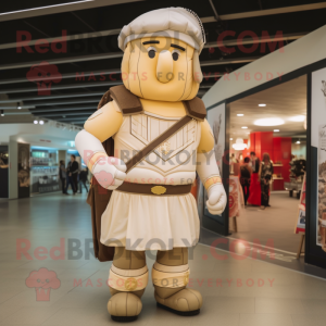 Cream Roman Soldier mascot costume character dressed with a Suit and Backpacks