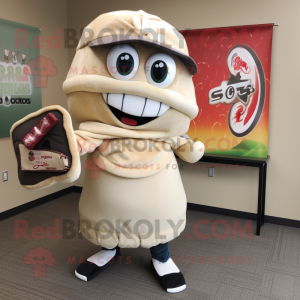 Beige Sushi mascot costume character dressed with a Baseball Tee and Wallets