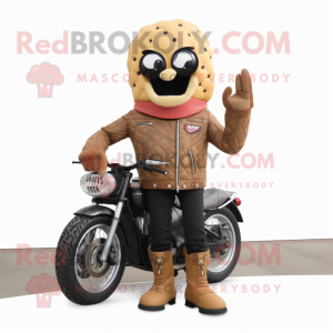 Tan Candy Box mascot costume character dressed with a Biker Jacket and Mittens