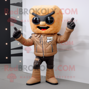 Tan Candy Box mascot costume character dressed with a Biker Jacket and Mittens