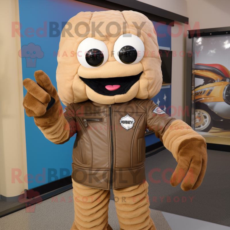 Tan Candy Box mascot costume character dressed with a Biker Jacket and Mittens