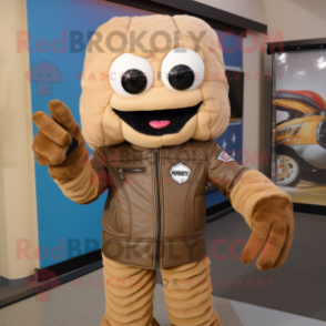Tan Candy Box mascot costume character dressed with a Biker Jacket and Mittens