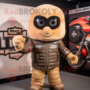 Tan Candy Box mascot costume character dressed with a Biker Jacket and Mittens