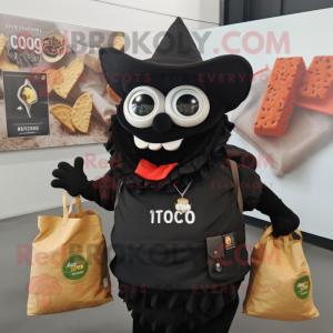 Black Nachos mascot costume character dressed with a Vest and Tote bags