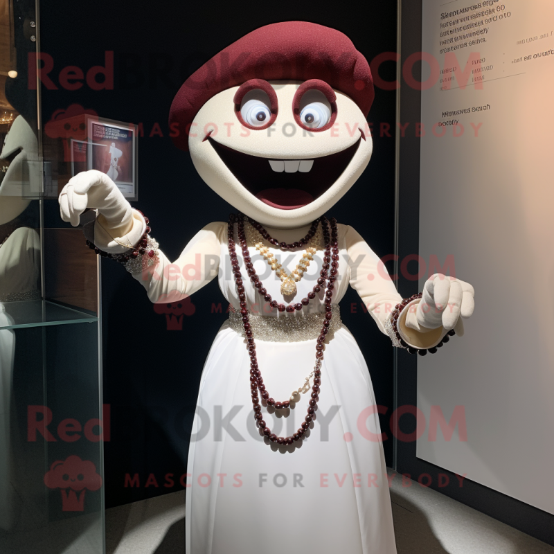Maroon Mime mascot costume character dressed with a Wedding Dress and Necklaces