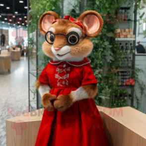 Red Dormouse mascot costume character dressed with a Dress and Eyeglasses