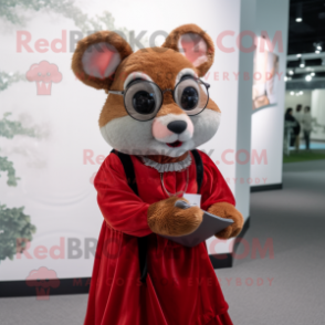 Red Dormouse mascot costume character dressed with a Dress and Eyeglasses