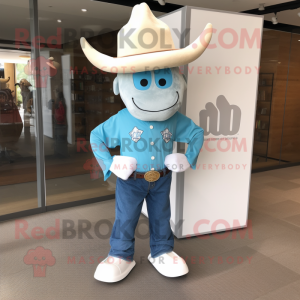 Sky Blue Beef Stroganoff mascot costume character dressed with a Flare Jeans and Shoe clips