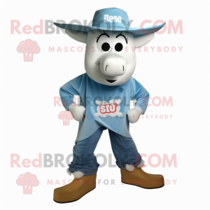 Sky Blue Beef Stroganoff mascot costume character dressed with a Flare Jeans and Shoe clips