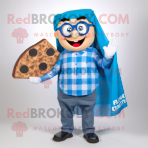 Blue Pizza Slice mascot costume character dressed with a Flannel Shirt and Reading glasses