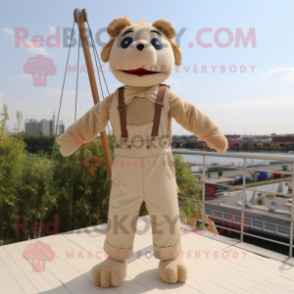 Beige Tightrope Walker mascot costume character dressed with a Dungarees and Lapel pins