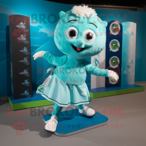 Cyan Irish Dancing Shoes mascot costume character dressed with a Board Shorts and Scarves