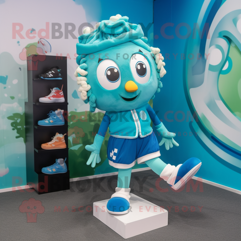 Cyan Irish Dancing Shoes mascot costume character dressed with a Board Shorts and Scarves