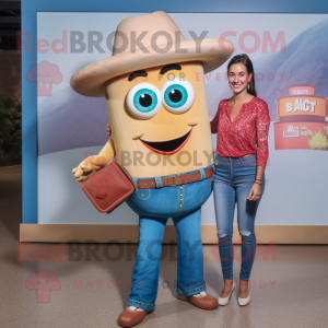 Tan Aglet mascot costume character dressed with a Mom Jeans and Wallets