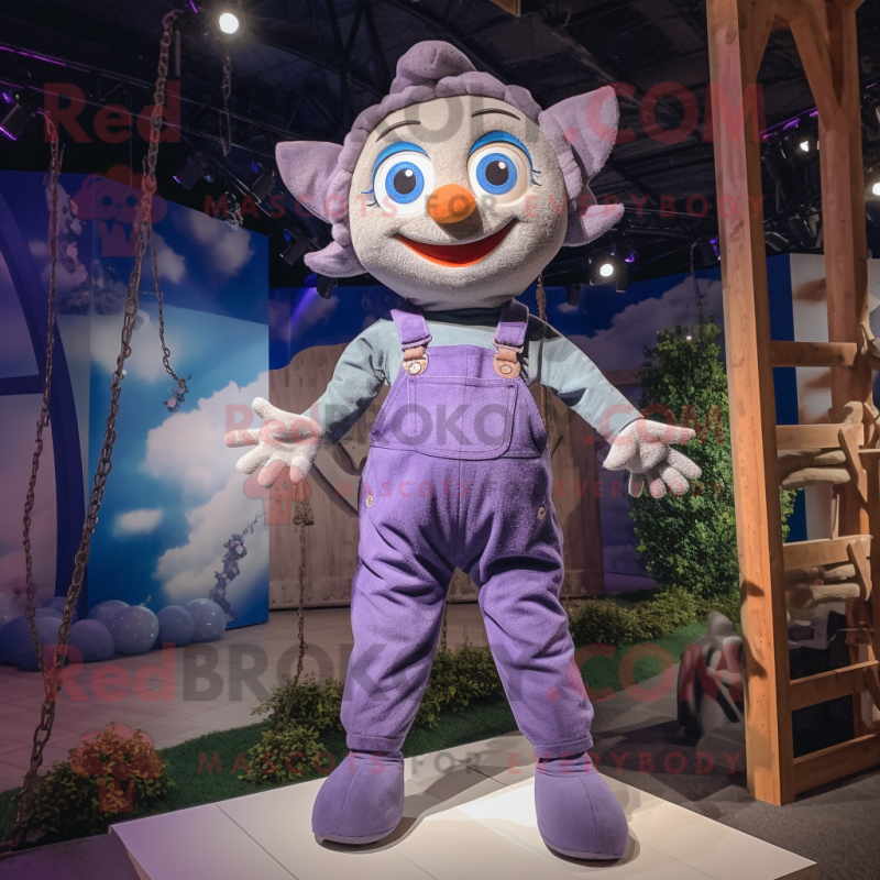 Lavender Trapeze Artist mascot costume character dressed with a Dungarees and Wraps