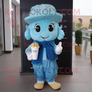 Blue Pop Corn mascot costume character dressed with a Blouse and Scarf clips