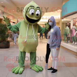 Olive Stilt Walker mascot costume character dressed with a Sweatshirt and Watches