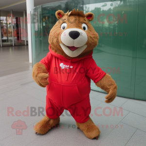 Red Capybara mascot costume character dressed with a Jeggings and Wraps