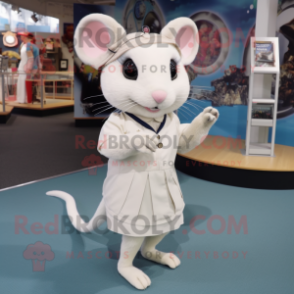 White Dormouse mascot costume character dressed with a Mini Skirt and Shoe clips