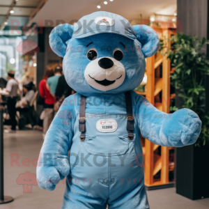 Sky Blue Teddy Bear mascot costume character dressed with a Overalls and Watches