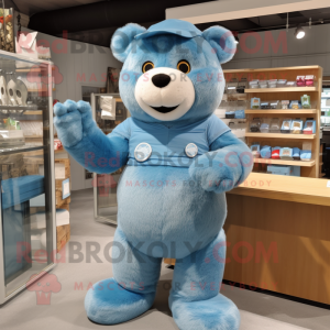 Sky Blue Teddy Bear mascot costume character dressed with a Overalls and Watches