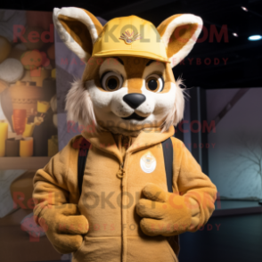 Gold Lynx mascot costume character dressed with a Sweater and Hats
