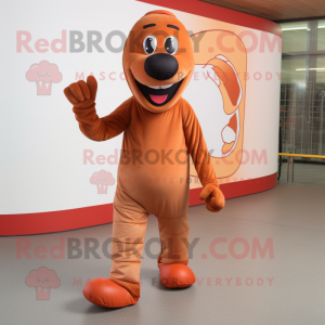 Rust Hot Dog mascot costume character dressed with a Joggers and Foot pads