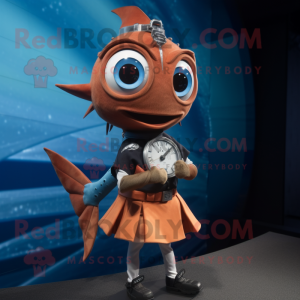 Rust Swordfish mascot costume character dressed with a Mini Skirt and Bracelet watches